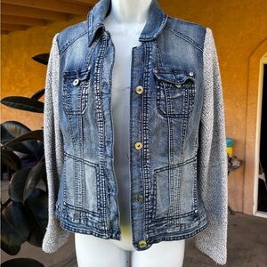 INC International Concepts Blue Denim Jacket with Gray Knit Sleeves
